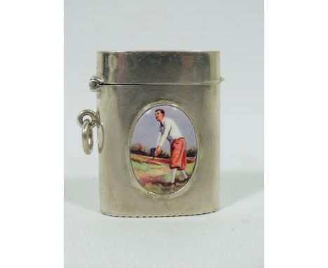 Very Pretty Silver Vesta with an oval enamel cabouchon of a Golfer.  Measures approx 38 x 40mm  31.9g