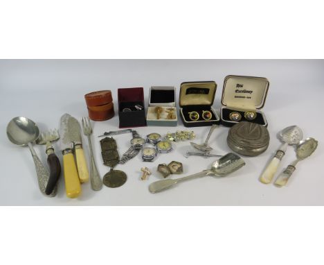 Mixed lot to include cufflinks, tie clips, watch bodies,  cutlery and various other collectable items.