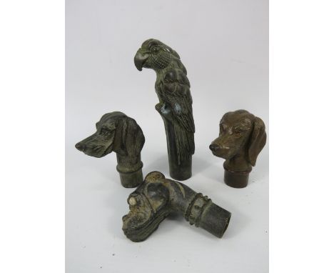 Four vintage bronze alloy walking cane handles in the form of dogs and a parrot. 