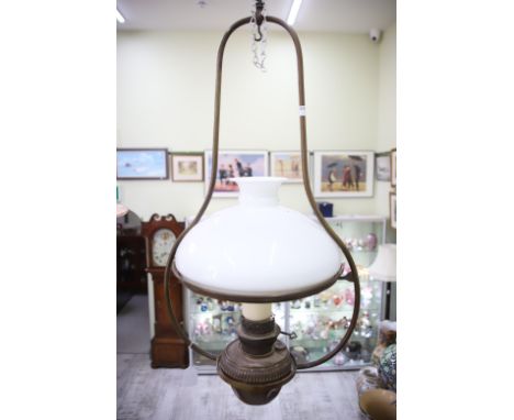 Hanging parafin lamp with white opaline shade.  H:36 , Diameter 18 inches.   See photos.