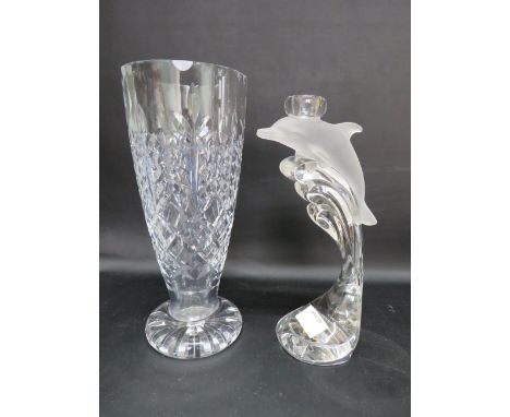 Large Royal Doulton crystal glass vase, 10" tall plus a crystal glass candle stick with frosted glass dolphin by Nachtmann.
