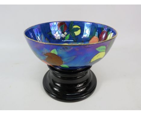 Rare Carltonware orchard pattern lustre bowl with a vintage black glass pedestal stand, the bowl has a diameter of 8".
