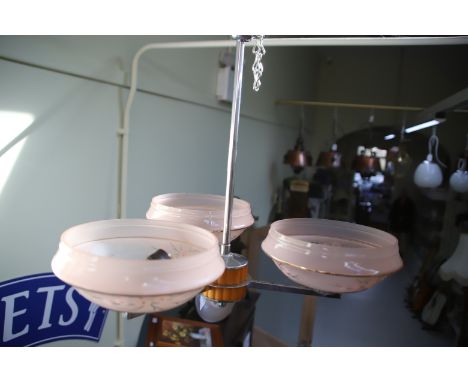 Mid 20th Century Three branch uplighter ceiling lamp with a drop of 18 inches, Diameter of 20 inches.. Each shade 9 inches di