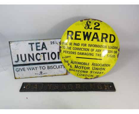 Enamel reward sign, Cast iron Gainborough sign plus a reproduction sign.