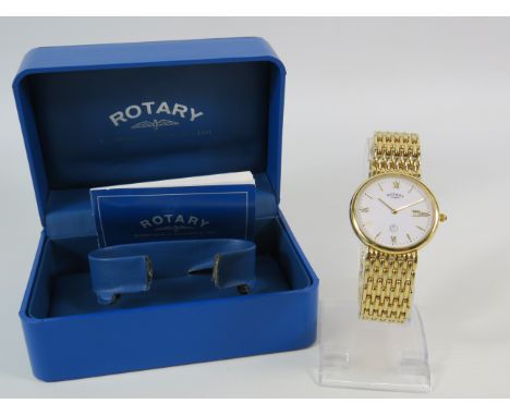 Gents Rotary Artemis gold tone wristwatch with box (engraved back). Requires new battery.
