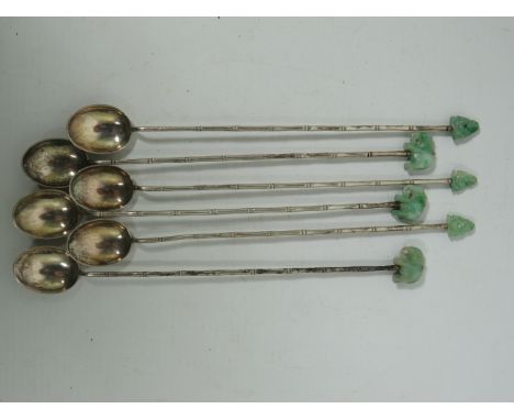 Six, Beautiful Chinese Silver Tea Stirring Spoons with Bamboo decorations to stems and Jade figures to crown.  Spoons measure
