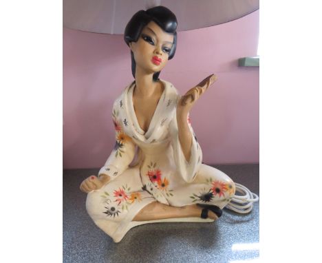 Kitch, 1950's Chalkware Table lamp as a Geisha sitting crosslegged.  Impressed numbers to rear.  Measures 14 inches to top of