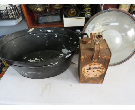 Good Mixe lot to include a Tin Bath, Parafin can plus an Industrial style Light.. See photos.