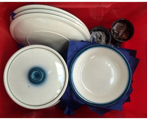 A box of Wedgwood 'Blue Pacific' part dinner service, Royal Doulton 'Sundance' and 'Forrest Flower' ceramics, and a Denby par
