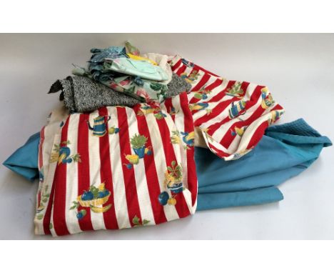 Box of textile pieces to include mid-century kitchen curtains, print of fruit, coffee pot, wine carafe on red and white strip