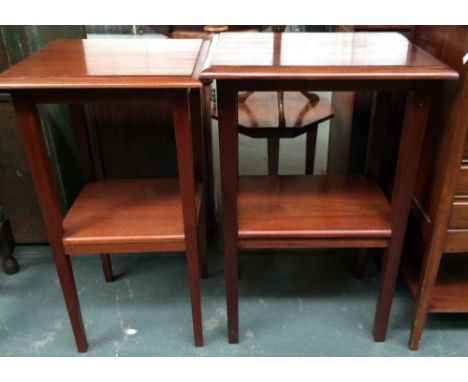 Two small mahogany side/lamp tables with undershelf on square tapered legs, 48x38x74cmH and 40x37x72.5cmH