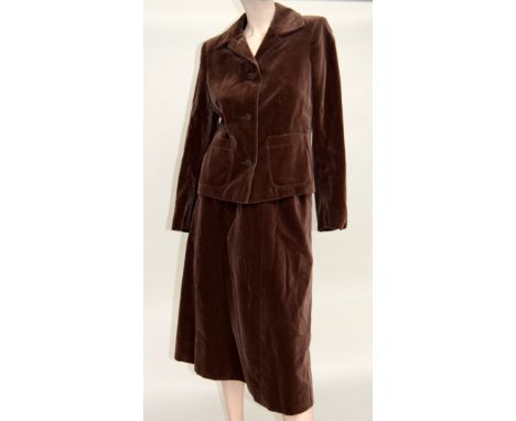 A brown cotton velvet Jaeger suit (size 8) and pale pink skirt jacket and top from Michel Ambers (size 10) (5)