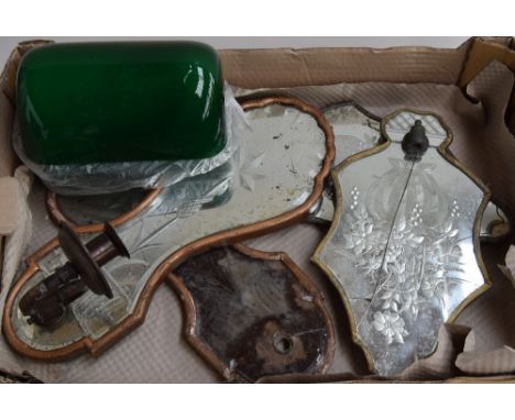 A pair of green glass bankers lamp shades together mirrored and etched Edwardian wall fittings