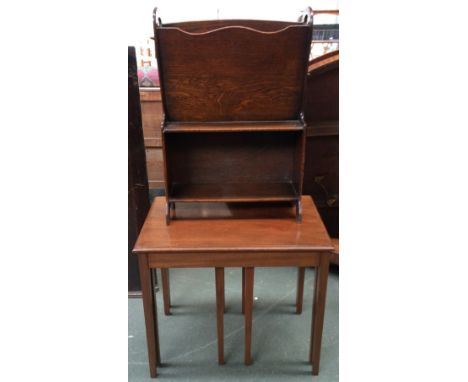 A nest of three tables (two under one), the largest 61x40x33cmH, along with an oak magazine rack with shelf below, 45x66cmH