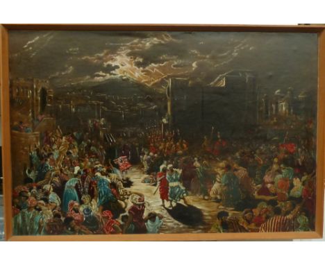A painted print of the crucifixion and destruction of the temple veil, 55x83cm