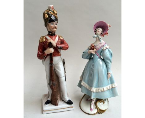 Two continental ceramic figurines, the soldier marked 'S' below crown to base, and a Guiseppe Cappe Gelle, inscribed, Capodim
