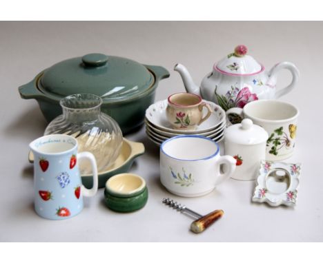 A quantity of ceramics including a Copeland Spode teapot decorated in pink and green flowers, five Krautheim saucers, a Denby