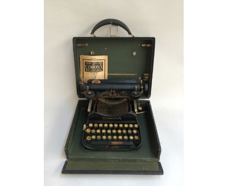 A portable Corona No.3 folding typewriter, affixed in box, marked 'Model Typewriter Company, 181 Devonshire St., Boston'