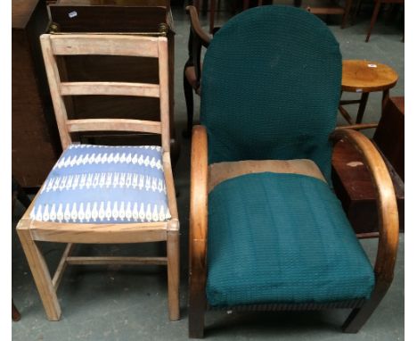 A pine ladder back kitchen chair with cushion seat and a mid-century Parker Knoll bentwood arm chair