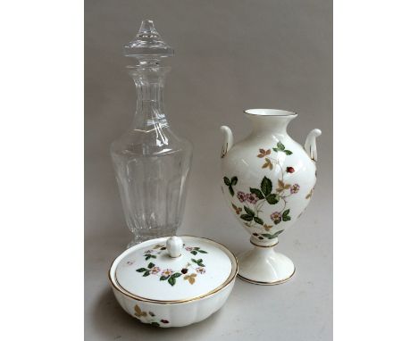 A Wedgwood 'Wild Strawberry' urn vase, 21cmH, together with a pot and lid, and a boxed Waterford Crystal 'Sheila' decanter an