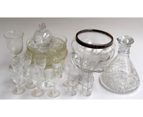 A selection of crystal cut glass, to include five bowls, one with a silver plated rim, together with a ship's decanter, two v