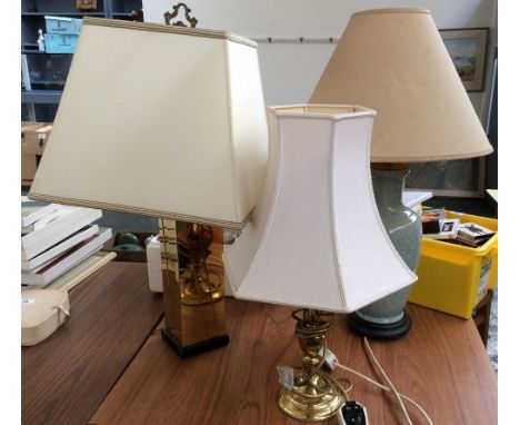 Three table lamps and shades, brass, ceramic and metal