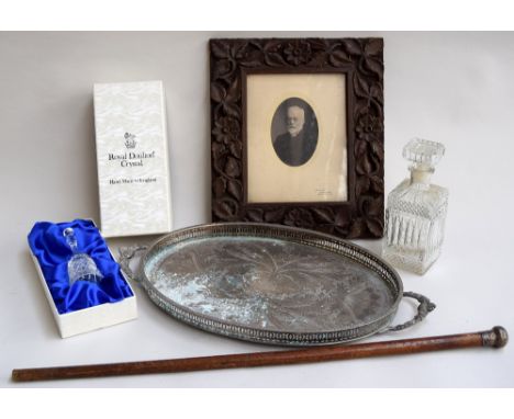 A plated tray with pierced rim, silver top swagger stick, black and white portrait in a craved Victorian frame, a boxed Royal