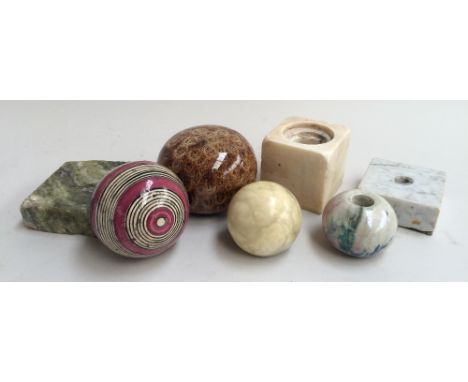 A box of mixed items to include a studio pottery paperweight; a Victorian ceramic indoor bowl?; small marble plinths and an i