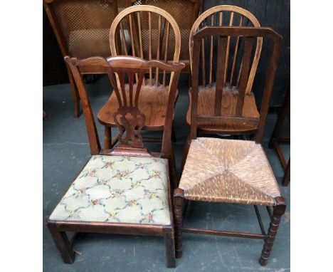 A pair of oak stick back kitchen chairs, a nursing chair and one other