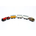 Hornby Spur 0 Güterzug, mit B-Dampflok, Tender und 4 Güterwagen, Uhrwerk intakt, tw LS und