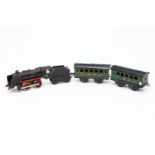Bub B Dampflok, Spur 0, dazu Tender und 3 schweizer Wagen, Uhrwerk intakt, LS, Tender fremd und