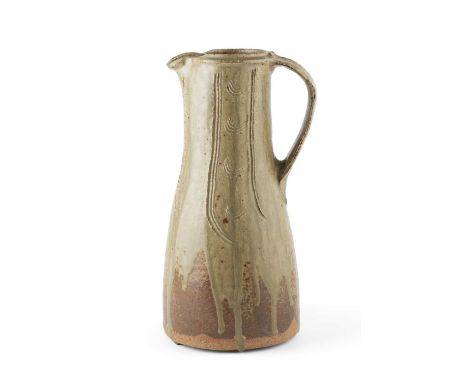 Jim Malone (b.1946)Pitcherdripped green glaze with incised decorationimpressed potter's seal36cm high.Appears to have no rest