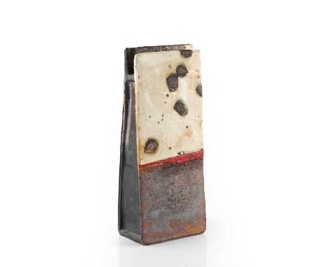 Robin Welch (1936-2019)Large slab vesselstoneware, textured glaze with black circles on a white glazeimpressed potter's seal3