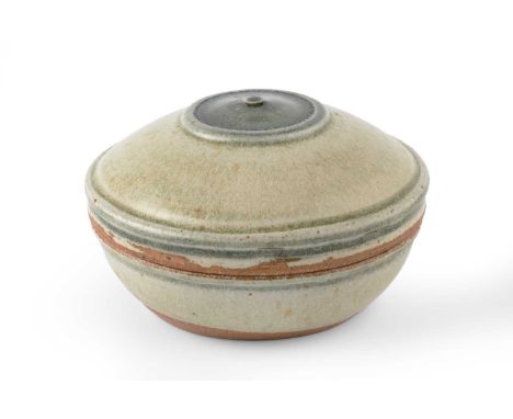 Richard Batterham (1936-2021)Dish and covergreen ash glaze with blue highlights7.5cm high, 13.5cm diameter.Appears in good co