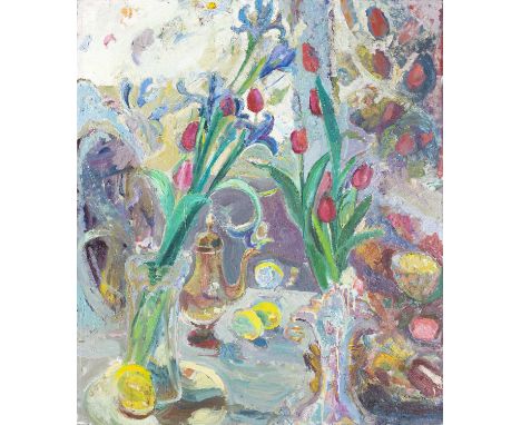 Linda Weir (b.1951)Snow, Light Irises, 1984signed and dated (lower left), titled (to reverse)oil on canvas107 x 91cm, unframe