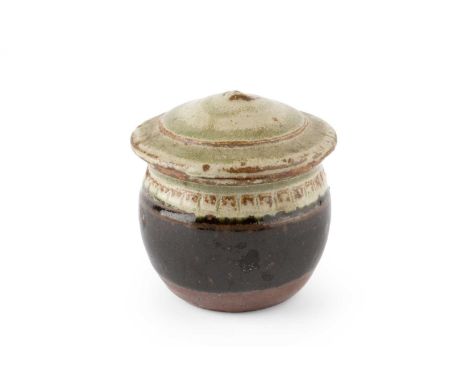 Richard Batterham (1936-2021)Miniature caddy and covertenmoku with green ash glaze lid and band8cm high.Good condition. No si
