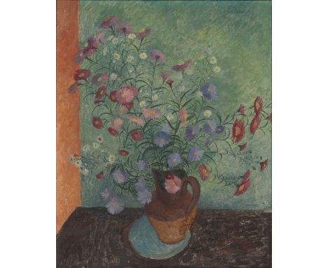 Jean Young (1914-1995)Jug of Flowerssigned (upper right)oil on canvas55 x 45cm.Appears in good condition. In need of a light 