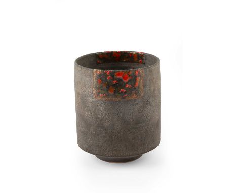 Robin Welch (1936-2019)Vesselstoneware, textured dark glaze with red slipimpressed potter's seal12cm high.Surface scratches t