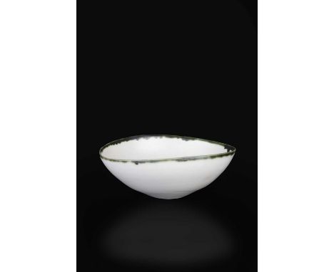 Edmund De Waal (b.1964)Bowlporcelain, cream glaze, the elliptical rim with green glazeimpressed potter's seal17cm diameter.Cr