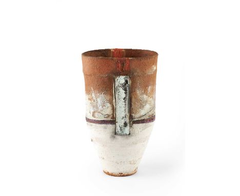 Robin Welch (1936-2019)Vesselstoneware, squeezed form with red and white glazeimpressed potter's seal22cm high.