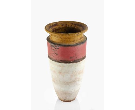 Robin Welch (1936-2019)Vasestoneware, with bands of red and cream glaze beneath a yellow glazed rimimpressed potter's seal40c