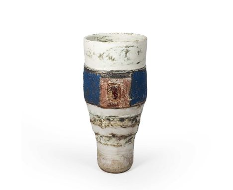 Robin Welch (1936-2019)Large vesselmottled cream glaze with a band of blue and red glazeimpressed potter's seal52cm high.