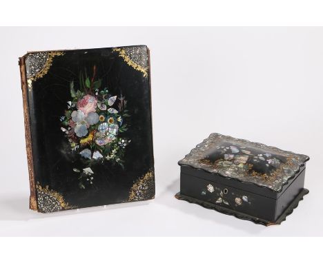 Victorian papier mache jewellery box, the shaped domed mother of pearl inlaid top opening to reveal a fitted shelf and storag