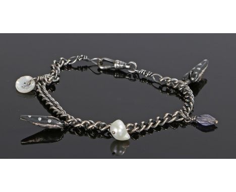 Unusual charm bracelet, with a pearl charm, two stylised hearts, mother of pearl button and a stone pendant, 20cm long