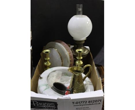 Converted oil lamp, together with two glass shades and brass ware, (qty)