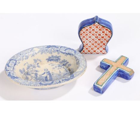 Two 19th Century pottery Holy Water flasks, together with a Spode transfer decorated dish, (3)