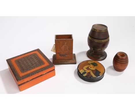 Treen, to include a barrel on stand with a tap, a match box holder with a dog and bird decorated to the front, a barrel and a