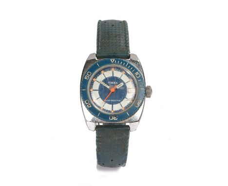 Timex divers style watch, the signed blue and silver dial with orange baton numerals and date apperture at the three o'clock 