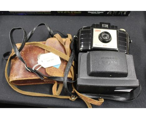 Kodak Brownie 127 camera, Kodak Instamatic 277X camera, Agfa camera in a brown leather case (3)