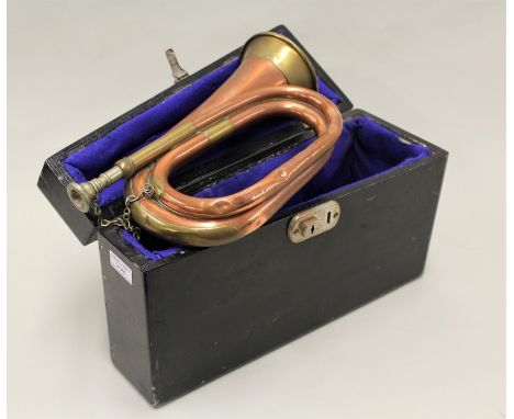 British army B flat Bugle held in wooden case, marked Henry Potter &amp; Co, 36-38 West Street, Charing + Road, London